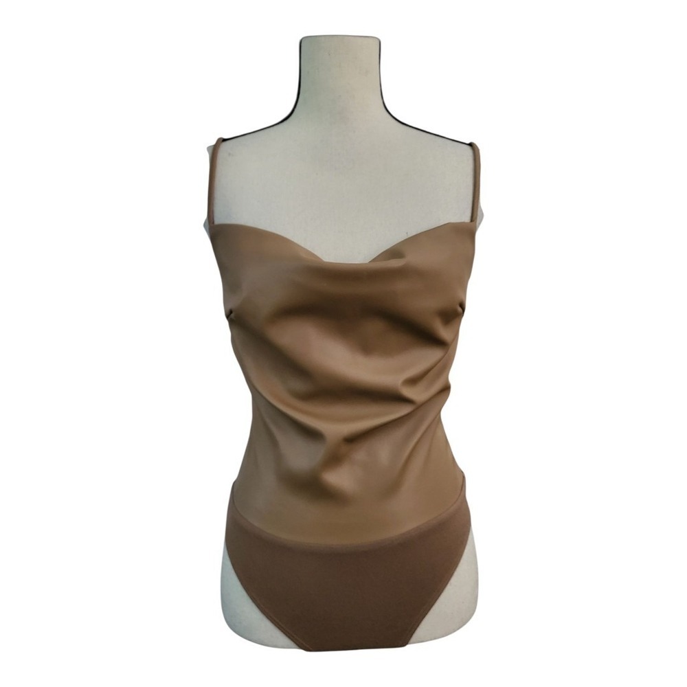 Le Lis Collection Women's Brown Faux Leather Sleeveless One Piece Bodysuit Small